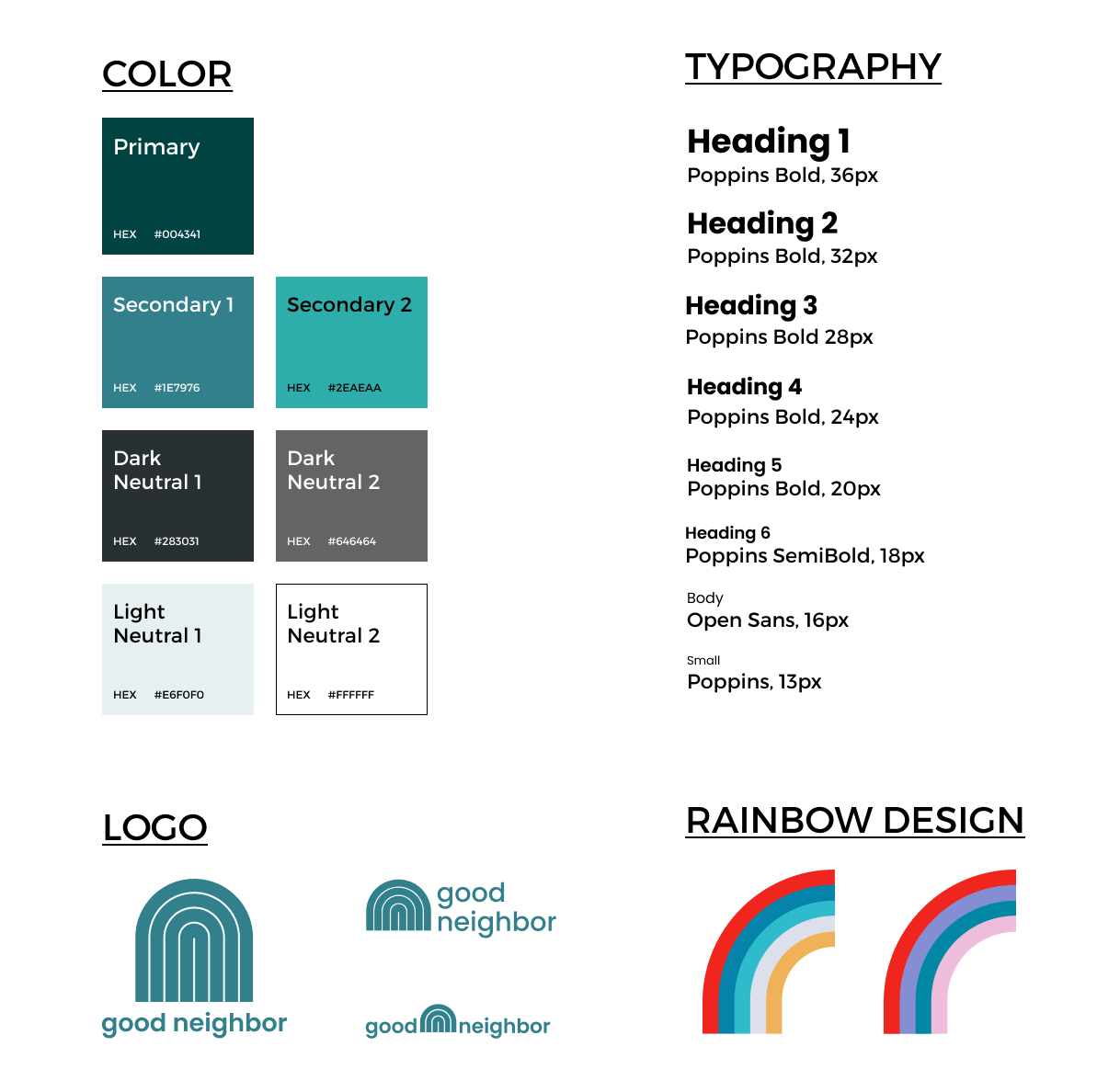 Style tile for the good neighbor mobile website, including color palette, typography, and logo