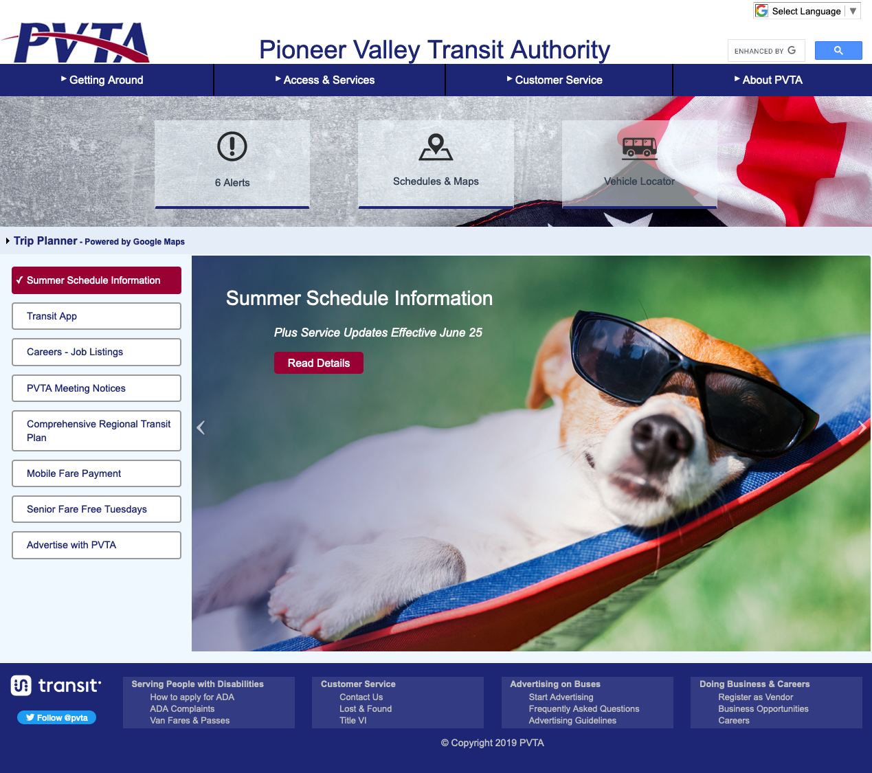 Screenshot of the PVTA website before the redesign