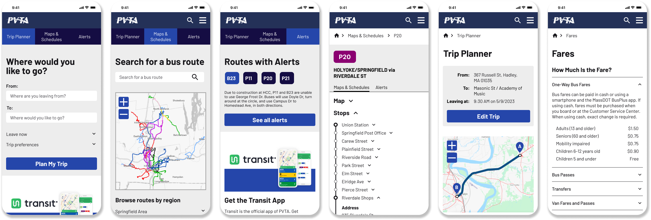 Six high-fidelity wireframes from the redesigned mobile PVTA website