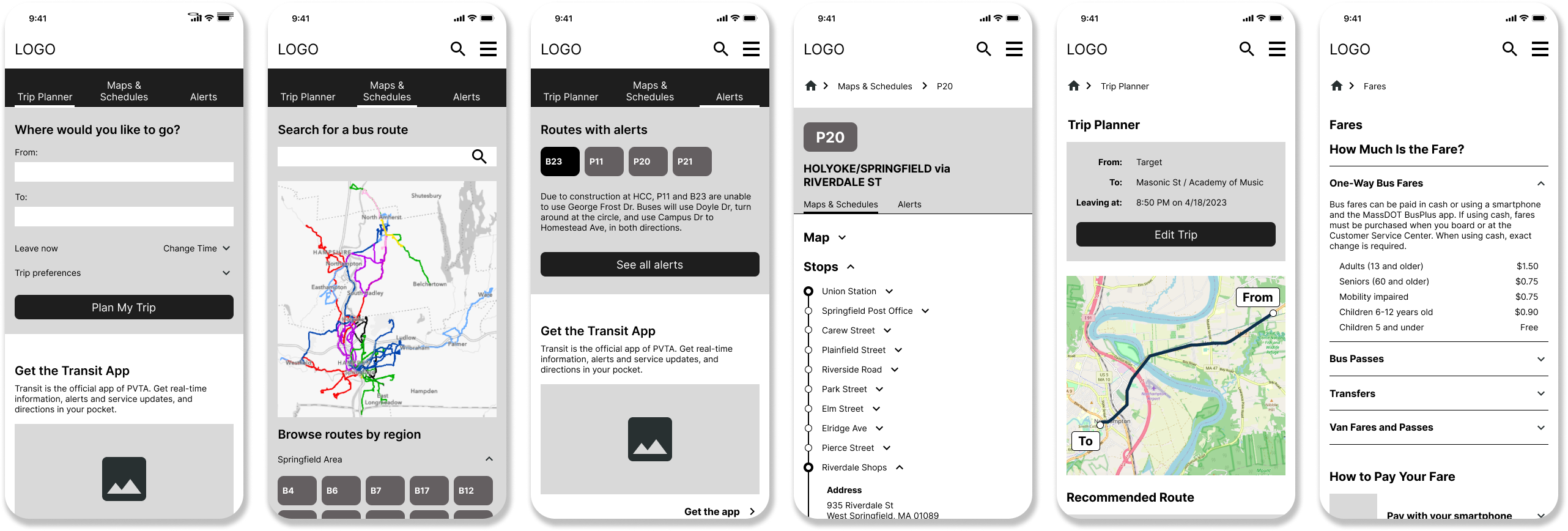 Six low-fidelity wireframes from the redesigned PVTA mobile website