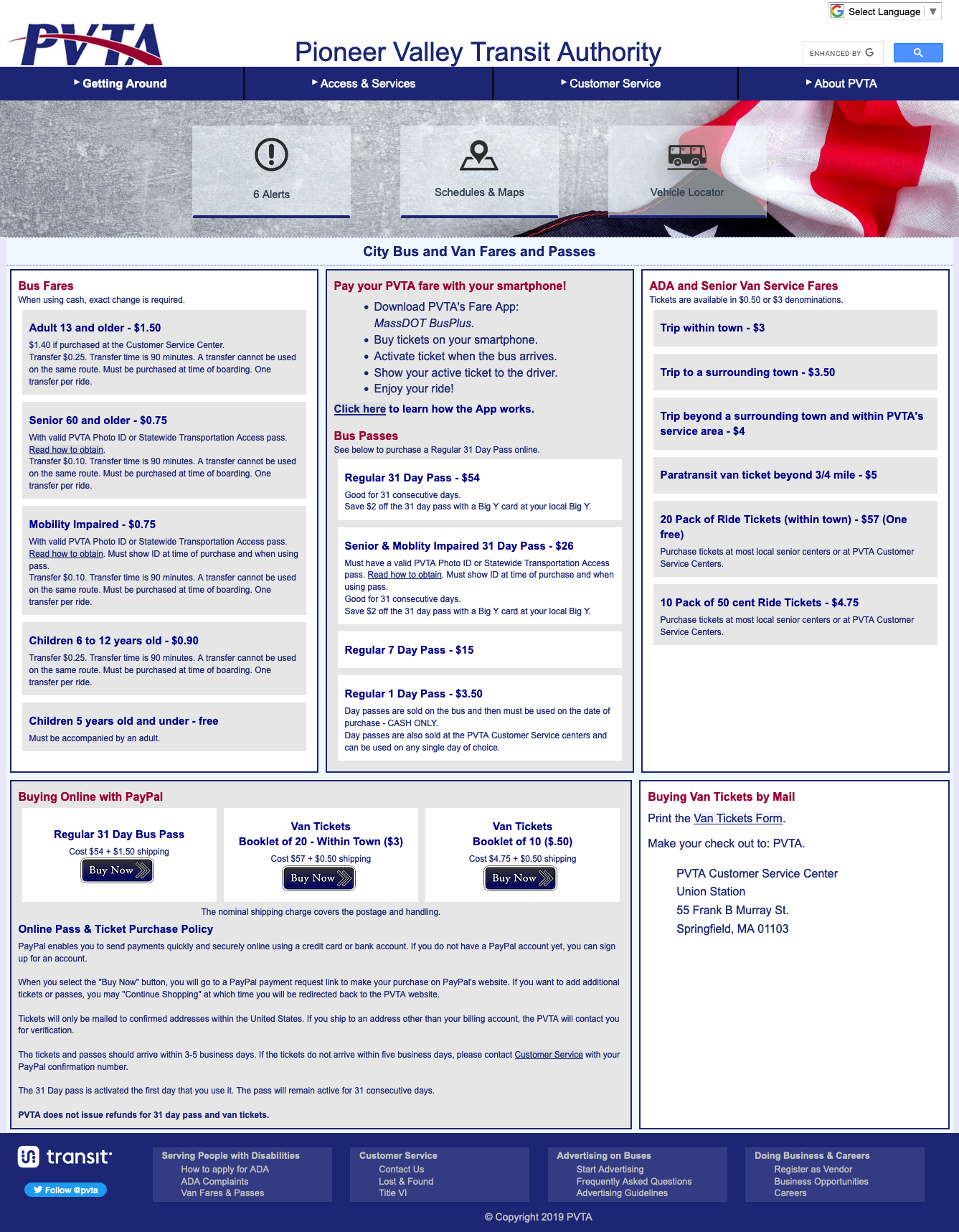 Screenshot of the original PVTA website