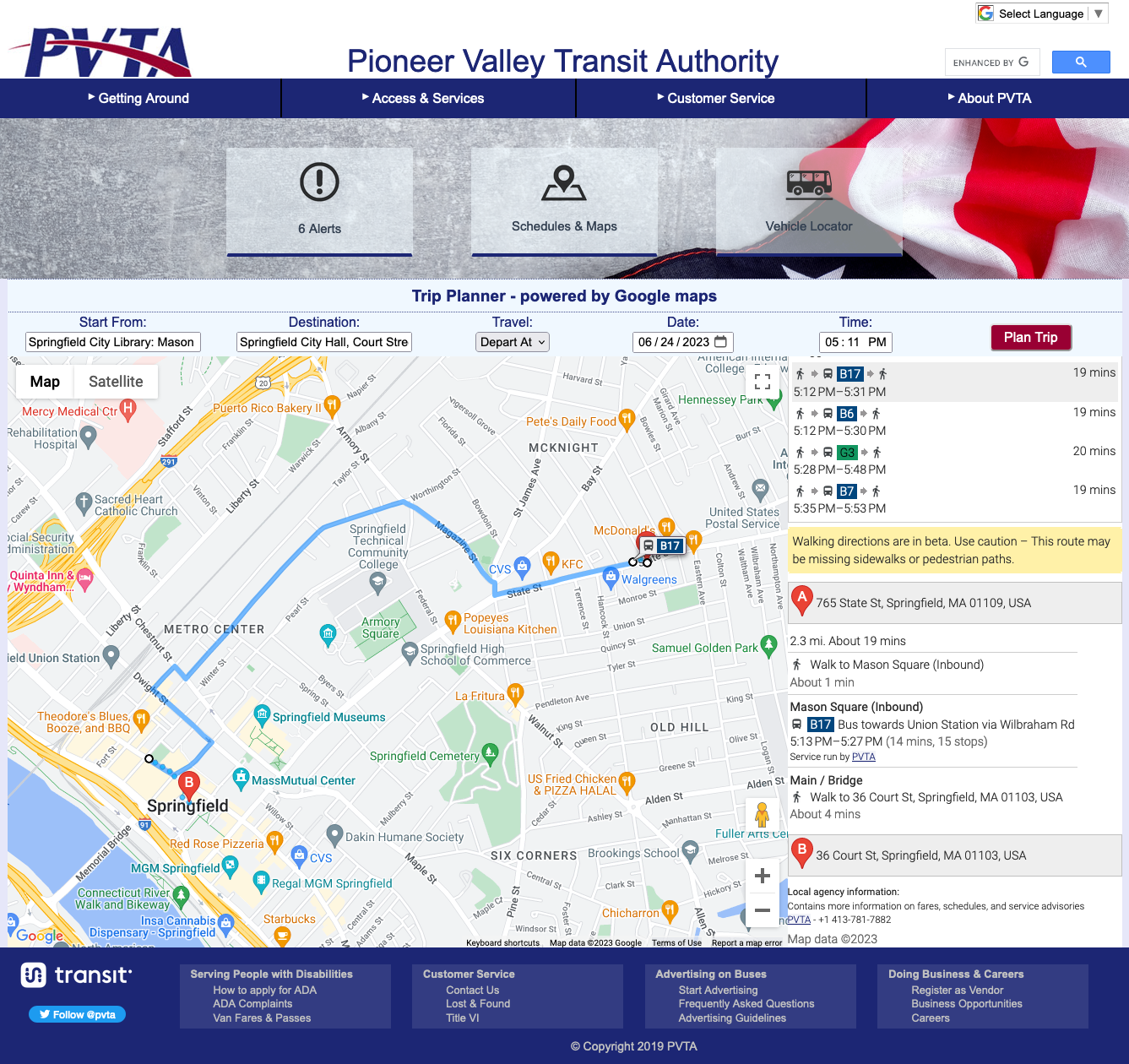 Screenshot of the original PVTA website