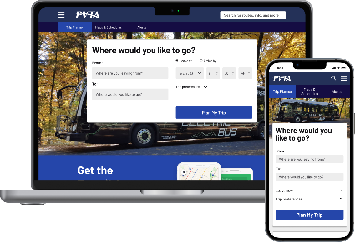 Desktop and mobile mockups of the redesigned PVTA website