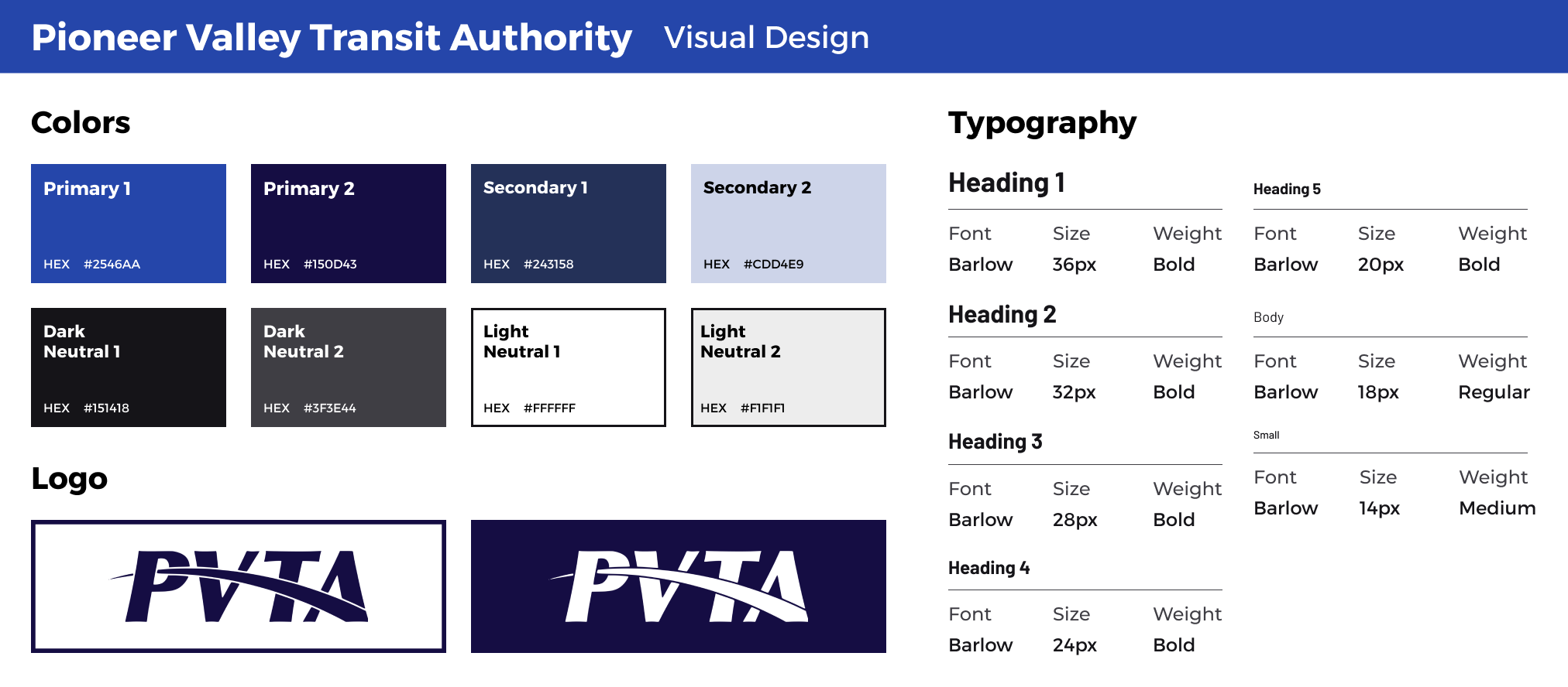 Visual design information for the PVTA website redesign, including color palette, typography, and logo