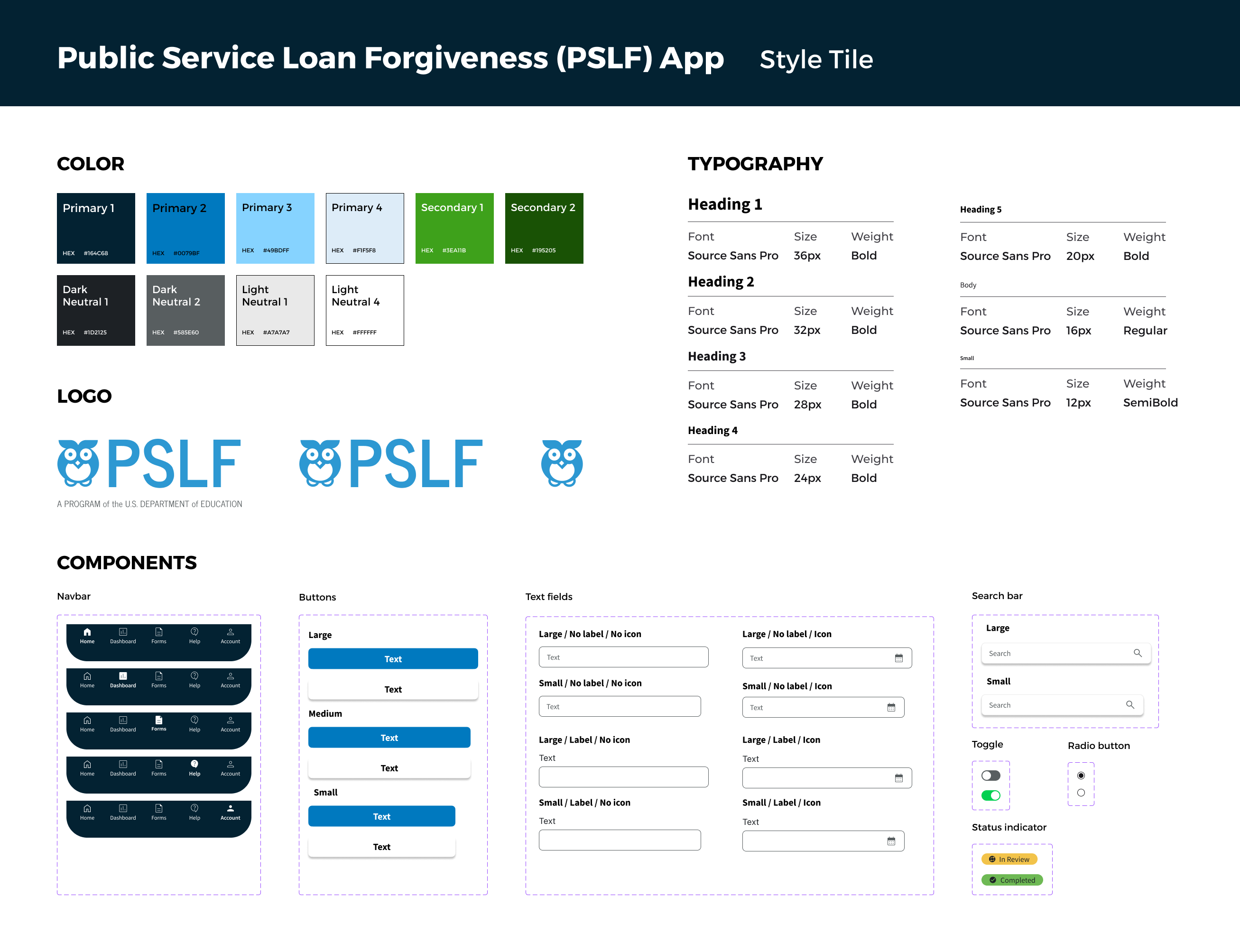 PSLF style tile with color palette, typography, logo, and components