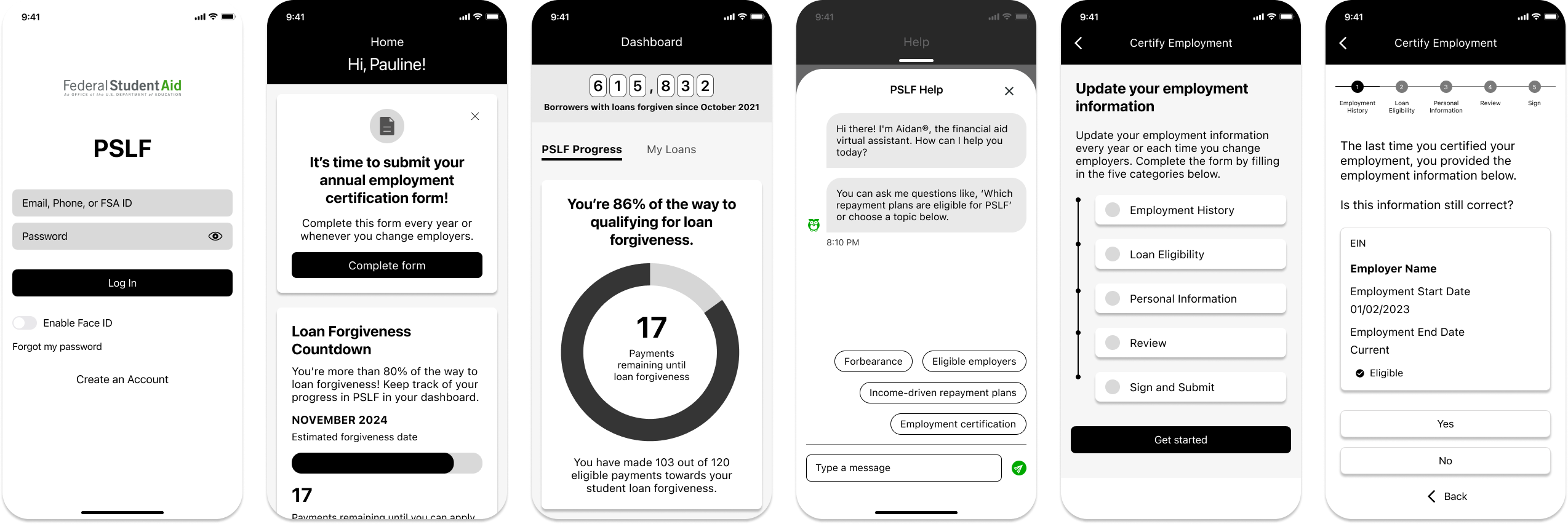 Low-fidelity wireframes showing six screens from the PSLF app