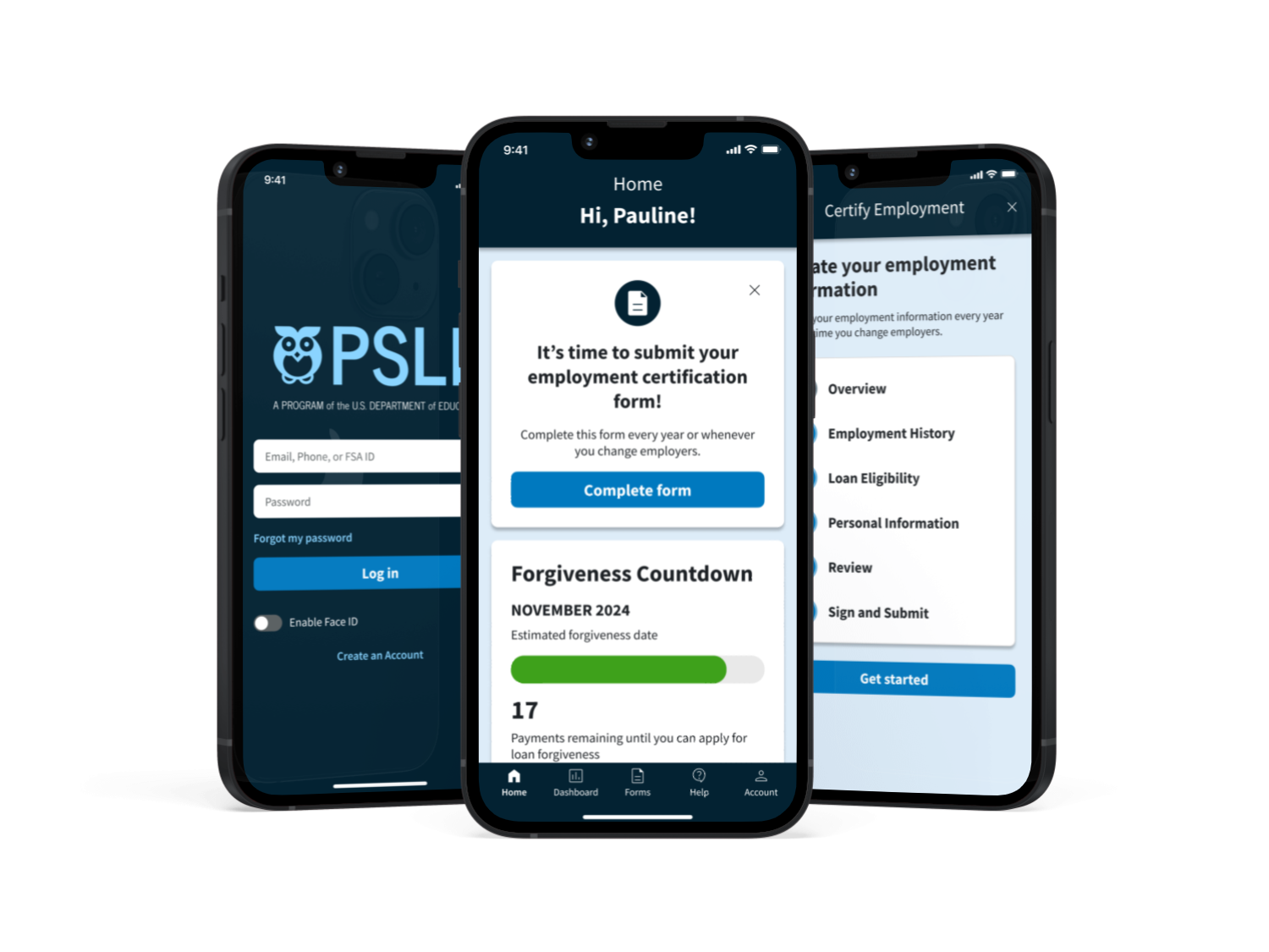 Three mobile screens showing the PSLF app