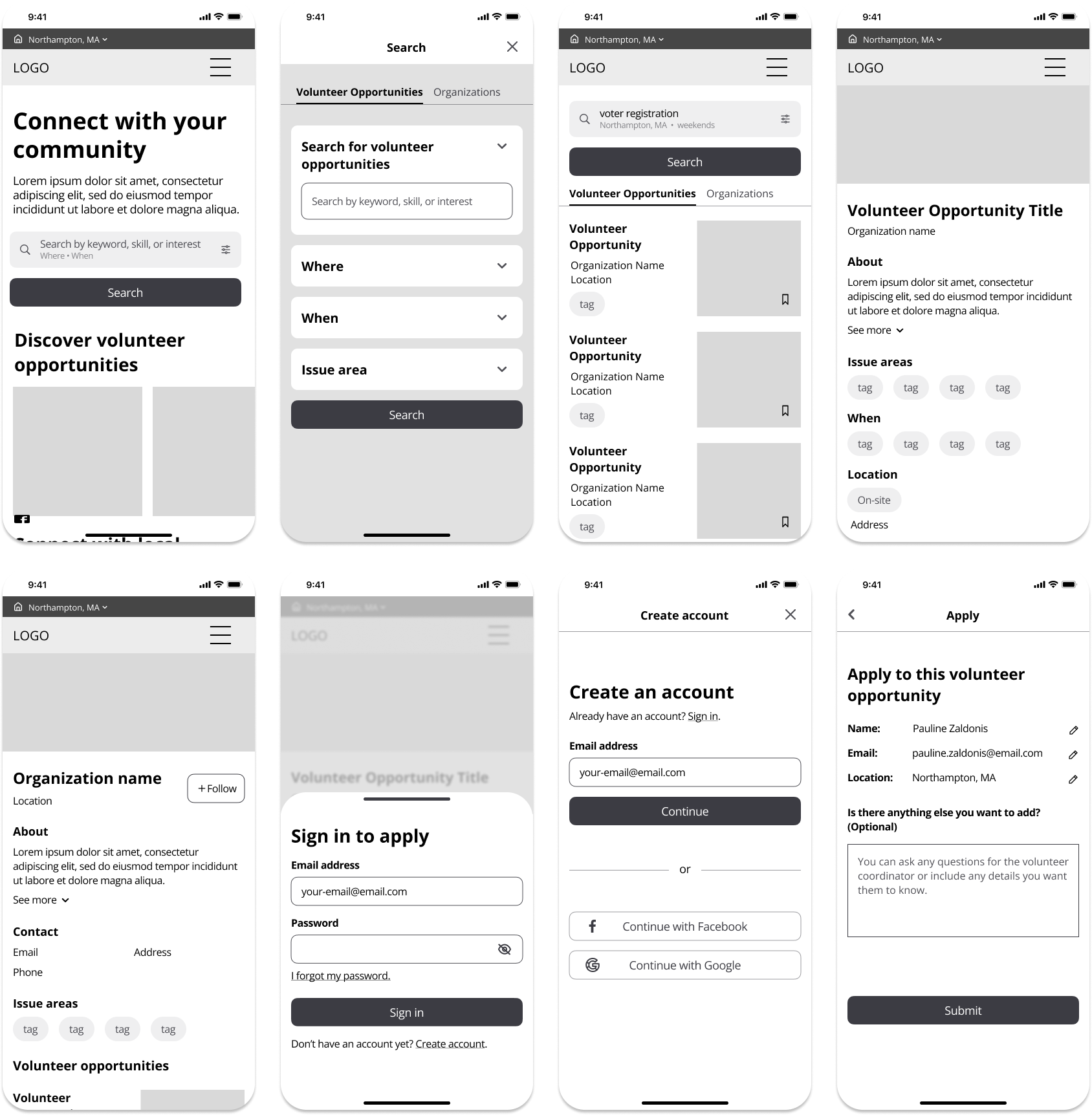 Eight low-fidelity wireframes from the good neighbor mobile website