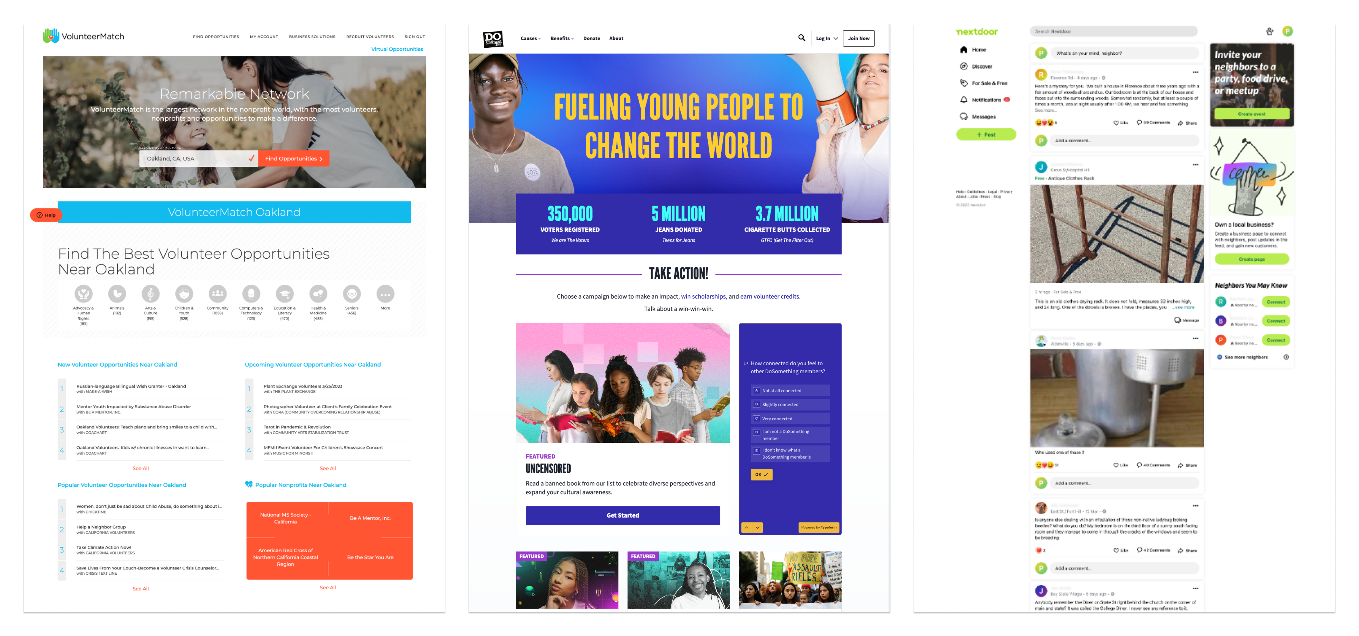 Screenshots of civic engagement websites including VolunteerMatch, Do Something, and Next Door